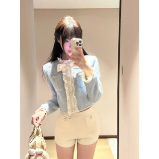 [ SẴN HỎA TỐC] Set Áo Dạ Lông Tay Dài Phối Quần Short Ngắn Kaki Sang Trọng Tiểu Thư