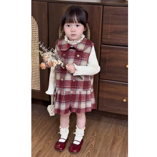  Váy bé gái  sét váy yếm dạ kẻ sọc đỏ xếp ly phối áo zip cho bé diện noel và tết 