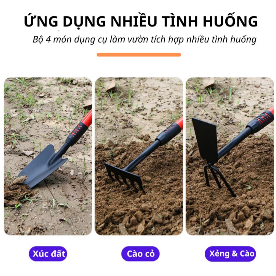Bụng cụ làm vườn 4 món:xẻng to,xẻng nhỏ,cào,cuốc 2 in 1.Bộ làm vườn đa năng 4 món.Cuốc,xẻng mini