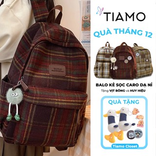 Balo Nữ Sọc Caro Dạ Nỉ TIAMO Có Khoá Da Pu, Balo Đi Học Retro Tặng Kèm Vịt Bông & Huy Hiệu SM24F075