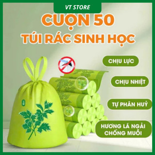 Túi Rác Ngải Cứu Xua Đuổi Ruồi Muỗi Côn Trùng Hiệu Quả, Cuộn 50 Túi Rác Sinh Học Có Quai Sách Siêu Dai