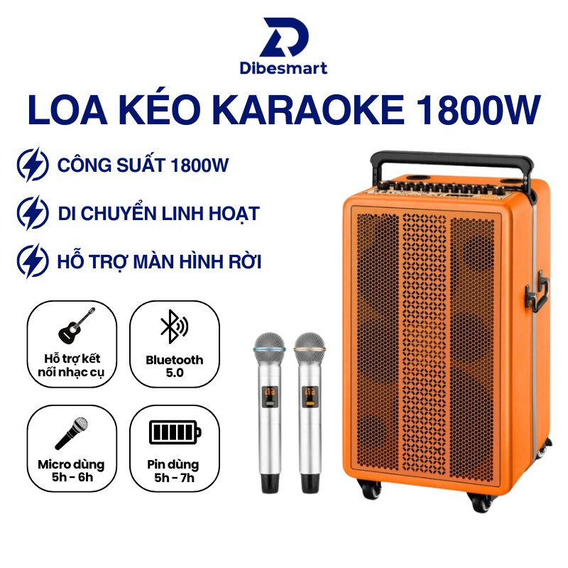 Loa Kéo Karaoke Bluetooth 1800W DIBESMART, Loa Kép Siêu Trầm 8 inch, Tặng Kèm 2 Mic, Remote, Bảo Hàn