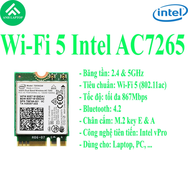 Card wifi intel AC7265 lắp cho laptop, pc,... 2 băng tần, tốc độ 867Mbps, bluetooth 4.2