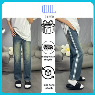 Quần Jean Nam Phối Line Sọc Trắng Màu Xanh Wash, Quần Jean Baggy Nam Form Ống Đứng 007