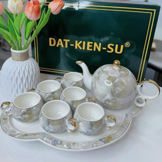 Bộ ấm trà sứ vân loang đá kèm dĩa sứ xoay có hộp quà tặng Bộ ấm chén trà cao cấp