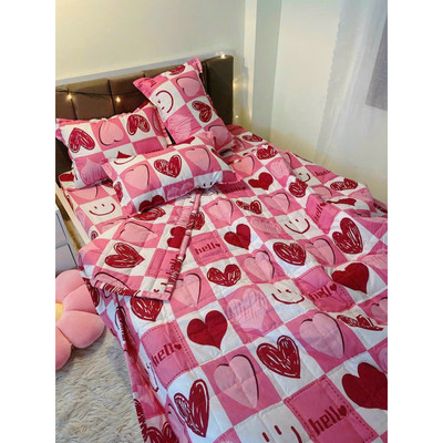 Bộ chăn ga Cotton Poly Bo Decor chăn ga Hàn Quốc họa tiết tim hồng