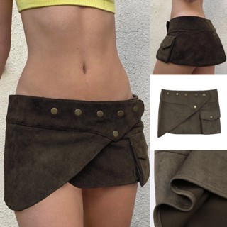 (sẵn) Chân váy ngắn cạp trễ chất da lộn màu nâu rêu vạt chéo đính khuy kim loại Y2K CVCT001 - Tiktik