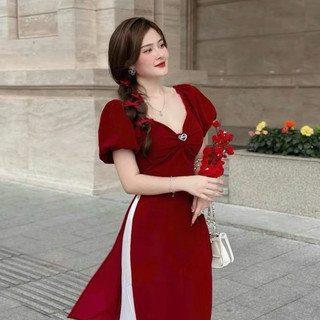Ao dài đỏ Bigsize 50-90kg chât lụa tây thì h phối quân satin đen trăng đính nơ xinh