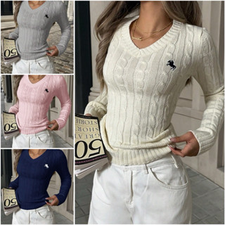 (Sẵn xanh navy M, xám M) Áo Sweater Nữ Len Mỏng Logo Ngựa RL Form Fit Tay Dài Cổ Tim