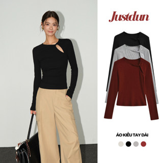 Áo thun nữ xoắn vai len lông thỏ tay dài Justdun A03