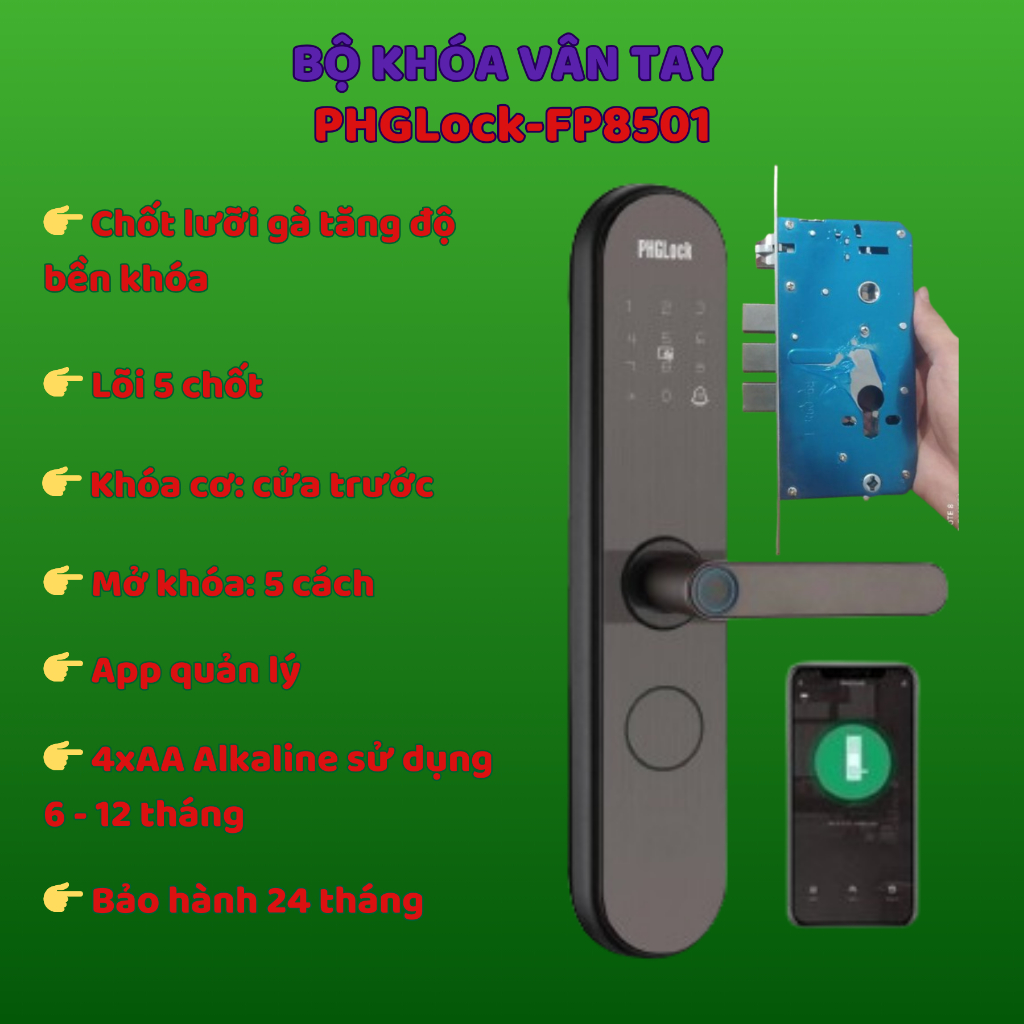 Khóa vân tay PHGLock FP8501 App tiếng việt