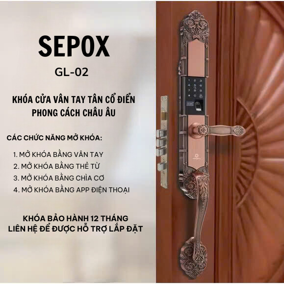 Khóa cửa điện tử thiết kế cổ điển sang trọng SEPOX - GL02 vân tay, mật khẩu, thẻ từ, chìa cơ nhận lắp đặt