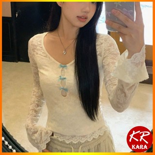 (QC loại 1) Áo Ren Dài Tay Đính Nơ Có Áo Quây Rời KARA 541- Chất thun ren co giãn, 5 size lựa chọn