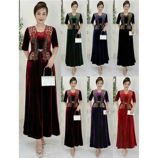 Đầm dạ hội nhung trung niên đi tiệc dáng vest che bụng bigsize 75kg hoa kết đá pha lê, Đầm dạ hội nhung ép đá giấu bụng