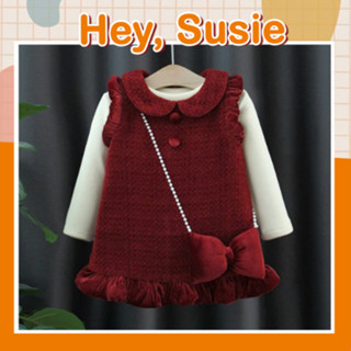  V3331 - Váy Dạ Đỏ Cổ Sen Áo Kem Kèm Nơ Đeo Chéo Cho Bé Gái Size 8-16kg 