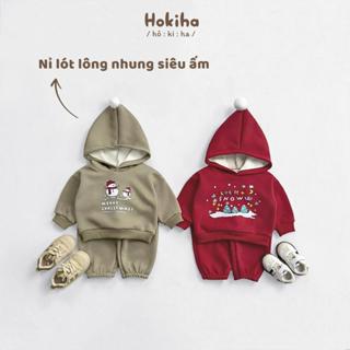 Bộ quần áo hoodie cho bé trai bé gái Hokiha in hình Noel đáng yêu vải nỉ lót lông nhung mềm mại, ấm áp size 8-17kg TE734