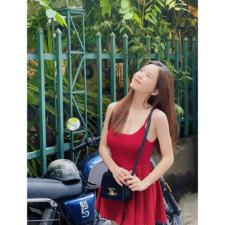 đầm 2 dây nữ trơn kiểu dáng đầm nữ xòe năng động thiết kế dây rút eo tôn dáng chất thun gân tăm dày mịn-J47122