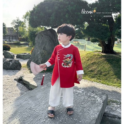 Set bộ áo dài Beemo in hình xuân long vải tafta nhũ đứng form cho bé trai mặc sự kiện, tết, chụp hình 4636SDB