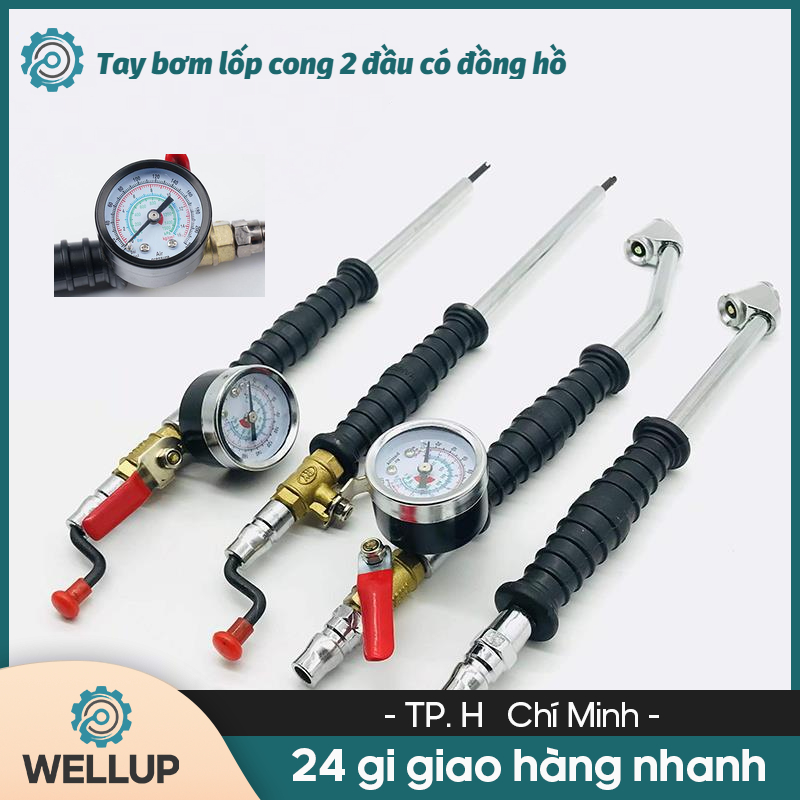 Tay bơm lốp cong 2 đầu có đồng hồ, ống bơm hơi xe ô tô