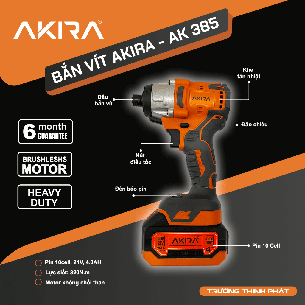 [Akira AK 385] Máy chuyên Vít Akira AK 385  - P.i.n. 10 cell, không chổi than, Lực siết  320 N.m
