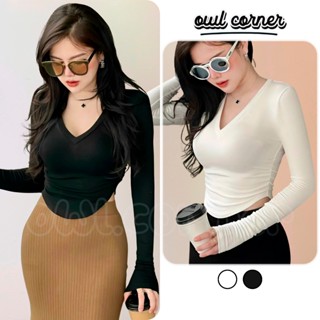 Áo Croptop TAY DÀI CỔ TIM VẠT TRÒN BẦU Chất Gân Ôm Body Nữ CR112, Áo Thun Crt Cổ V Kiểu Sexy OWL CORNER