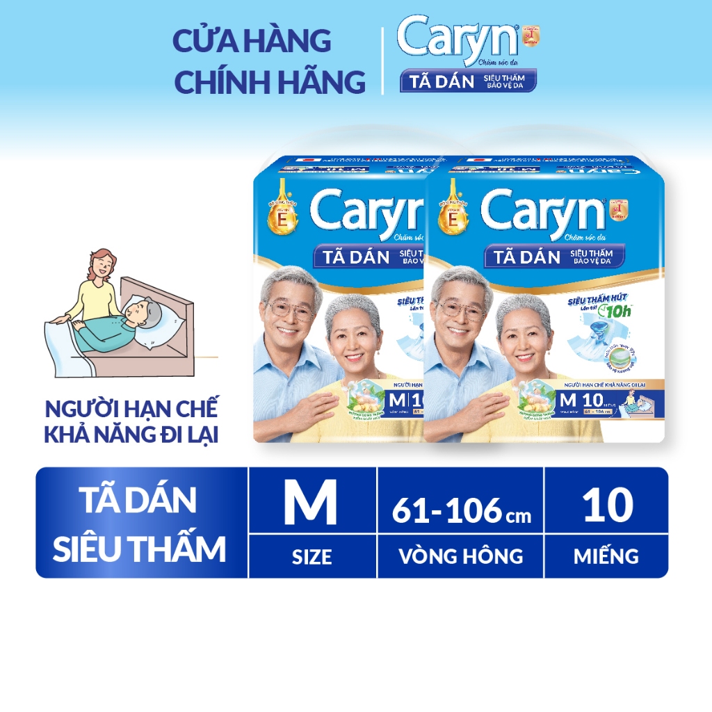 [V] Bộ 2 Tã/Bỉm dán người lớn siêu thấm Caryn dành cho người hạn chế khả năng đi lại size S/M/L/XL