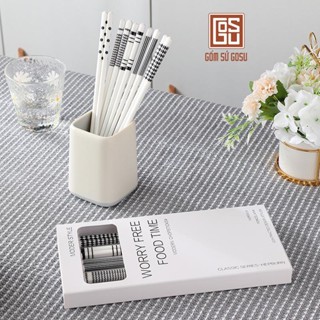 Bộ 5 Đôi Đũa Sứ Gosu Trắng Hoa Văn Không Phai Màu Chịu Nhiệt Không Cong Vênh An Toàn