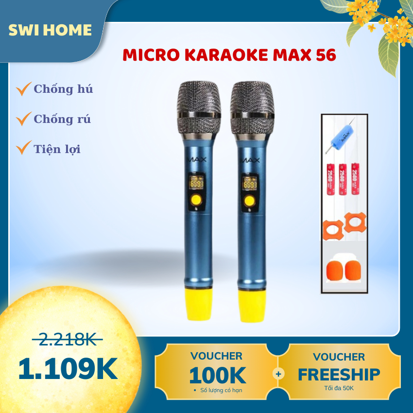 Micro Không Dây Đa Năng MAX 56  Thế Hệ Mới, Hát Nhạy Tích Hợp Cổng Sạc, Tiện Lợi