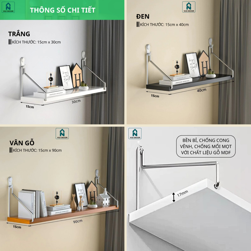 Kệ Treo Tường Không Khoan DTM01 Gỗ 17ly Chống Ẩm, Kệ Trang Trí 4 Màu Dễ Lắp Đặt | BigBuy360 - bigbuy360.vn