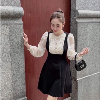  Váy dạ hội đầm dự tiệc nhung phối cổ ren tay voan dáng dài mặc tết sang chảnh 