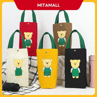 Túi vải canvas 2 lớp MITA CV04 đựng bình giữ nhiệt hình gấu khóa cài, lót chống thấm nước