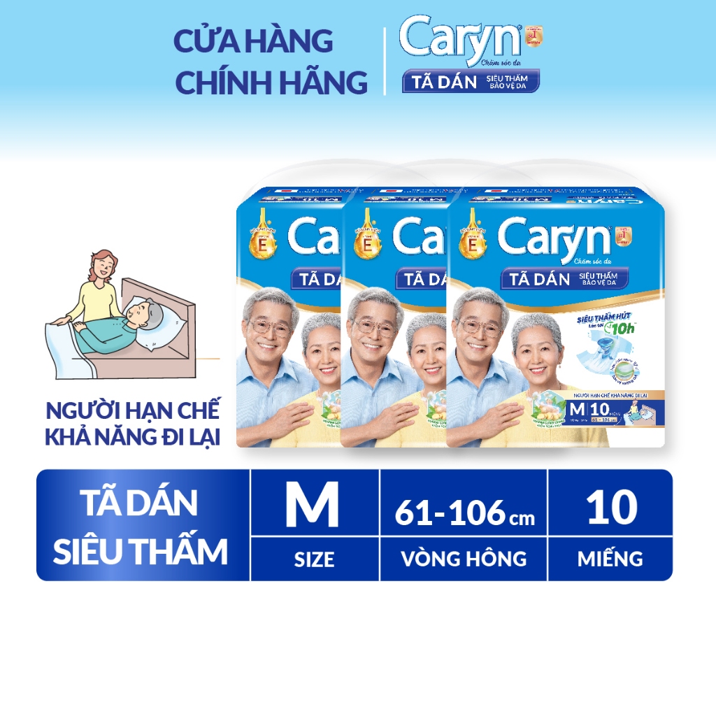 [V] Bộ 3 Tã/Bỉm dán người lớn siêu thấm Caryn dành cho người hạn chế khả năng đi lại size S/M/L/XL