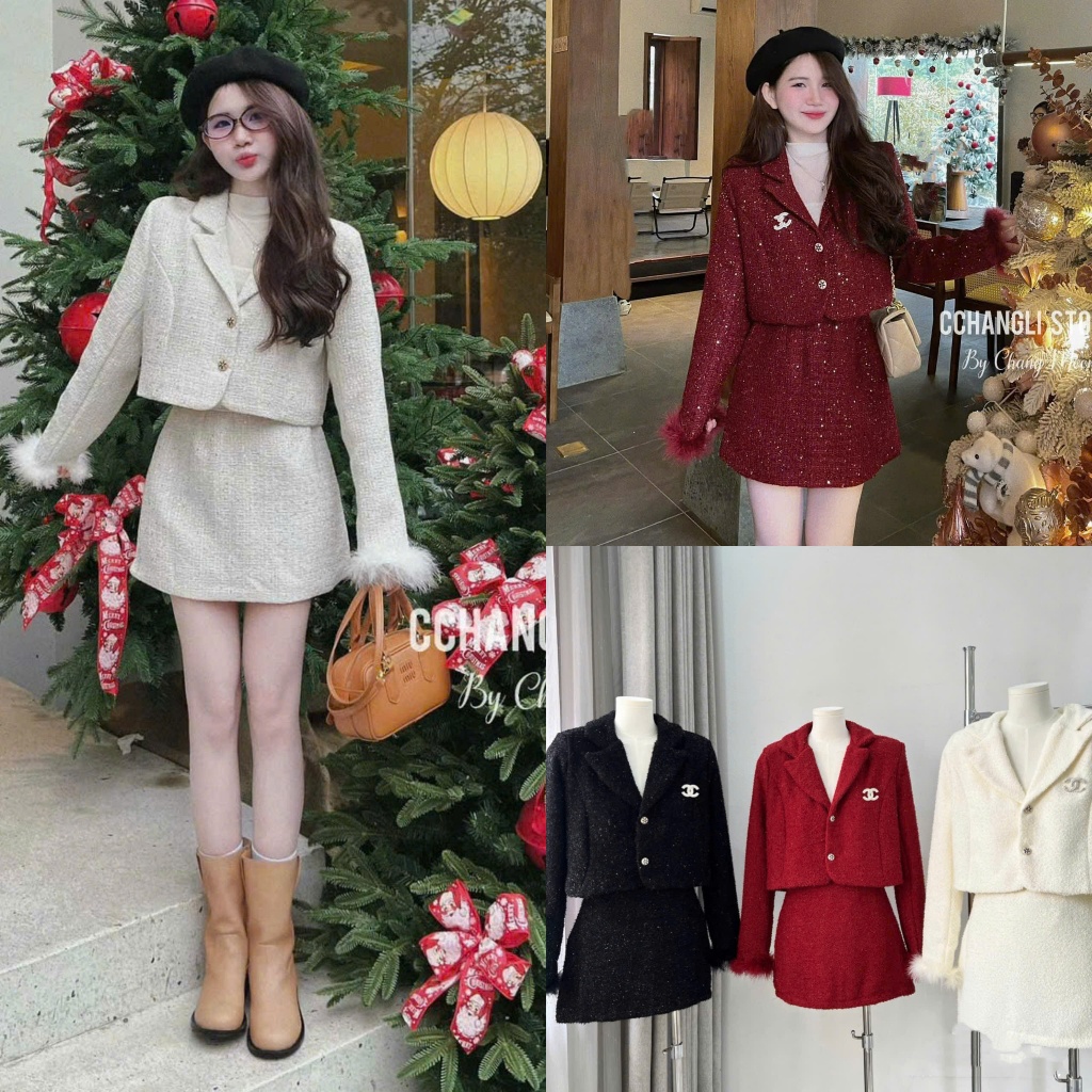 Set Áo Dạ Kim Tuyến Dáng Vest Croptop Phối Tay Lông Sang Chảnh Mix Chân Váy Chữ A Dáng Ngắn Kèm Tag 