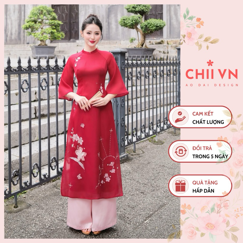 Áo Dài Cách Tân Đỗ Quyên Đính Kết Cao Cấp