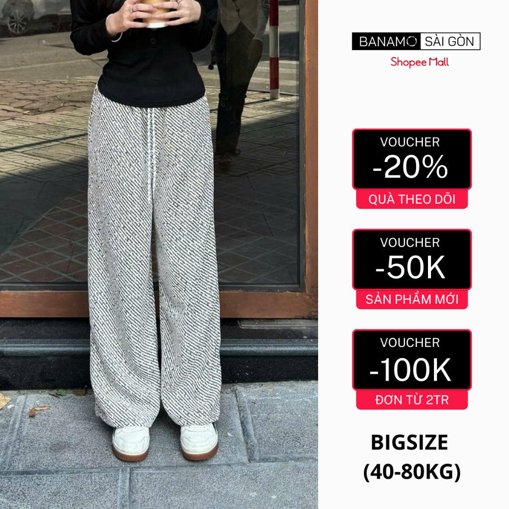  Quần dạ nữ BIGSIZE Banamo Sài Gòn quần dạ kim tuyến ống rộng suông phối cạp chụn kèm dây rút phong cách Hàn Quốc 9902 