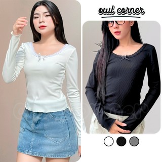 (XẢ HÀNG) Áo Thun TAY DÀI CỔ TRÒN VIỀN REN ĐÍNH NƠ Dáng Dài Nữ BM187, Áo Babytee Thun Gân Ôm Kiểu Trơn OWL CORNER