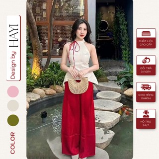 Set áo gấm nữ cổ yếm phối nơ kèm quần dài ống suông lụa cao cấp sang trọng tinh tế nhẹ nhàng