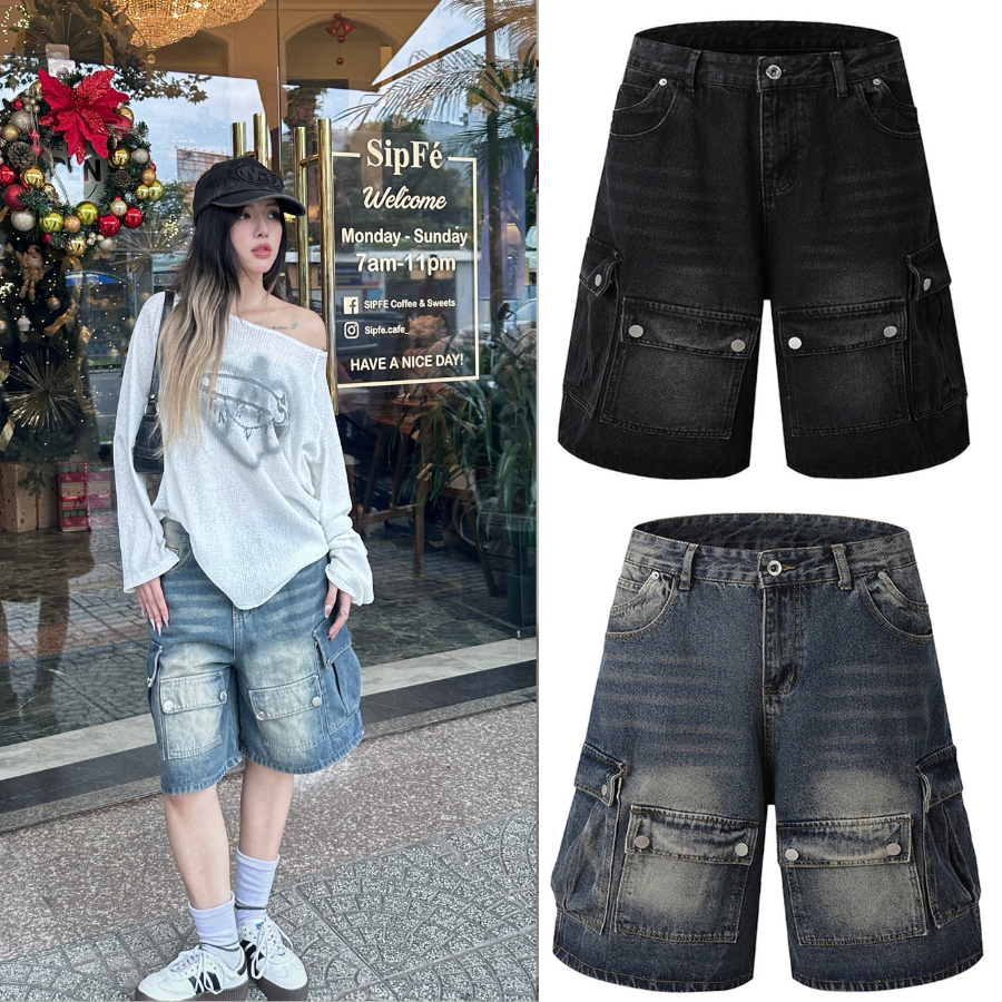 Quần short jean baggy GIẢ TÚI form unisex cạp thấp - GAVER