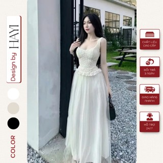  Đầm maxi ren 2 lớp hoa len nổi Váy 2 dây nữ dáng dài phối chân váy dập ly 3 lớp xòe bồng sang chảnh 