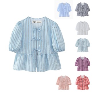 Zara made in Morocco áo Cổ Tròn Nơ Thời Trang Giảm Tuổi Tay Phồng Phối Ren  - Luumooc