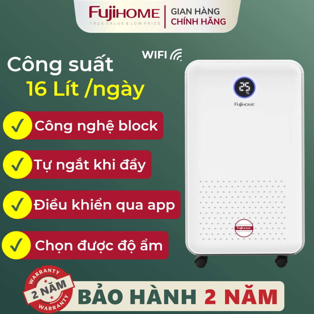 Máy hút ẩm lọc không khí 30m2 -100m2 Nhập Khẩu FUJIHOME 16L - 40L, máy hút nồm không khí dùng app