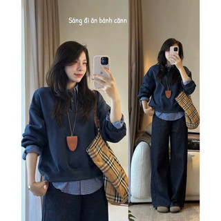   Hàng đẹp có sẵn  Áo sweater nỉ phối sơ mi kẻ xanh đậm LIỀN THÂN QC A357 