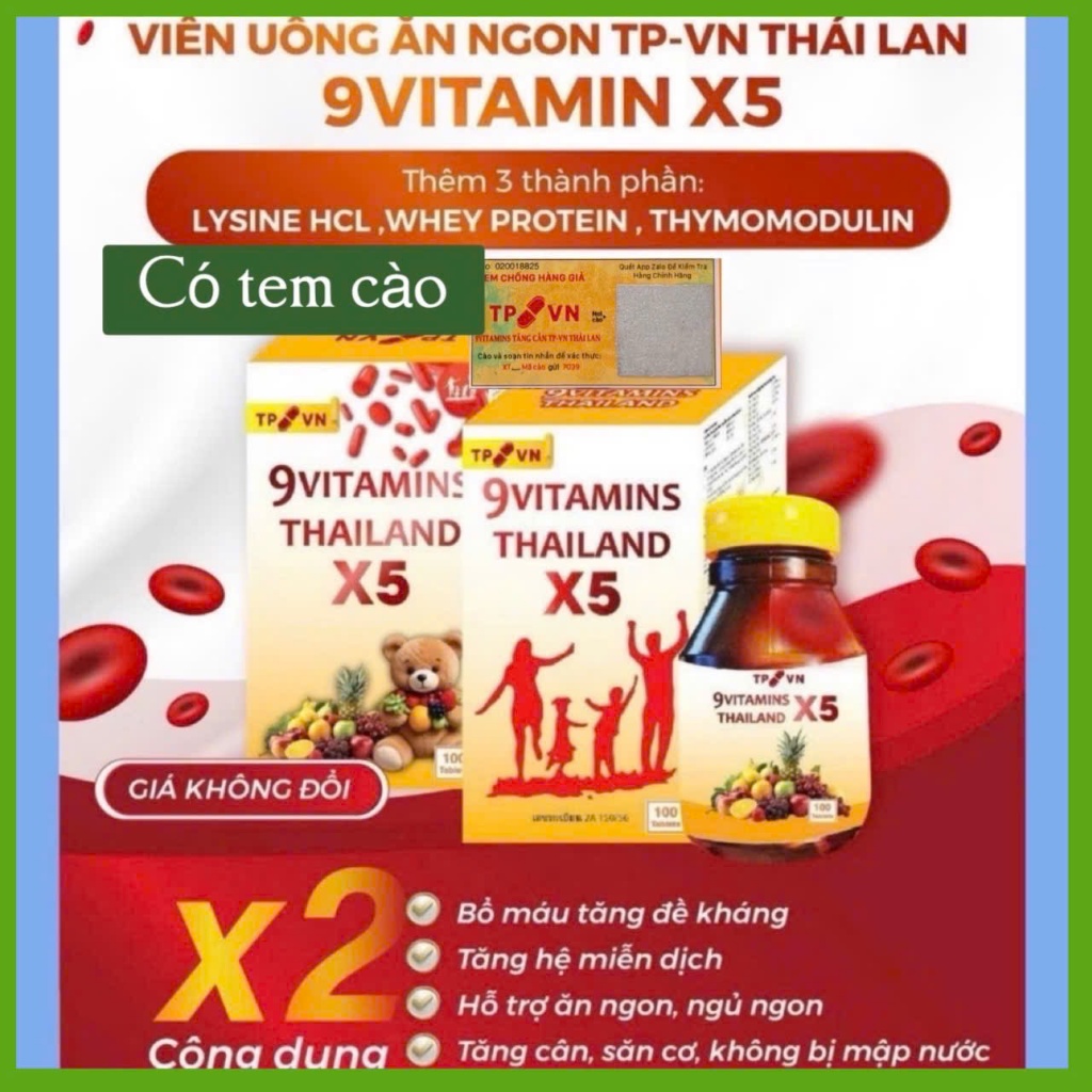 Tăng cân 9 Vitamin TP X5 Thái Lan. Hộp 100 viên Tem Cào Chính Hãng. Hỗ trợ ăn ngon, ngủ ngon TC.