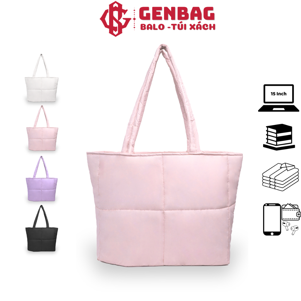 Túi tote phao GENBAG túi trần bông đeo vai khóa kéo miệng có ngăn đựng laptop TT12