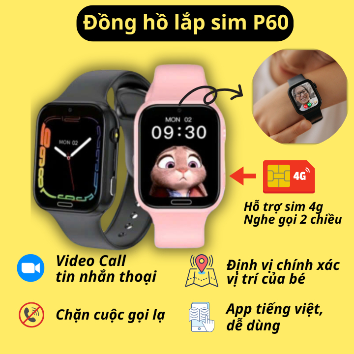 [BẢN CAO CẤP] Đồng hồ thông minh lắp sim, định vị, nghe gọi sim, video call dành cho bé. Picom P60, 