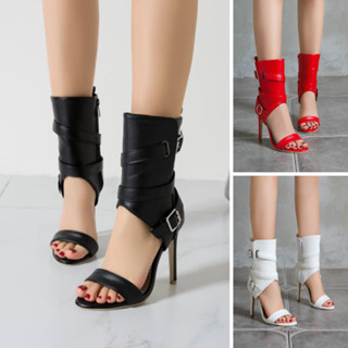 Giày sandal cao gót 11cm cổ cao, chất da Pu, thiết kế CẦU KỲ SANG CHẢNH màu ĐEN, TRẮNG, ĐỎ GBN31