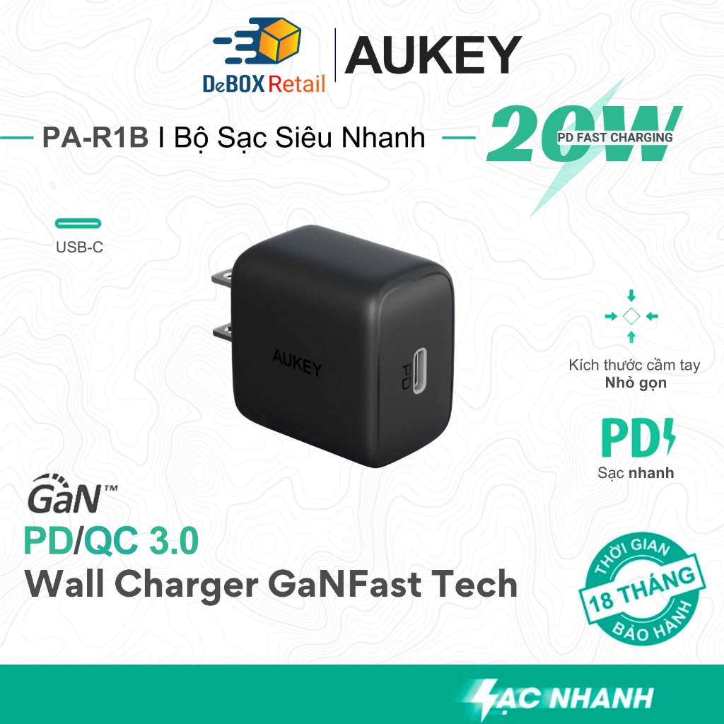 Củ Sạc Nhanh AUKEY Omina Nano PA-R1B 20W 1 cổng USB-C (Type-C) công nghệ Power Delivery 3.0 - Chính 