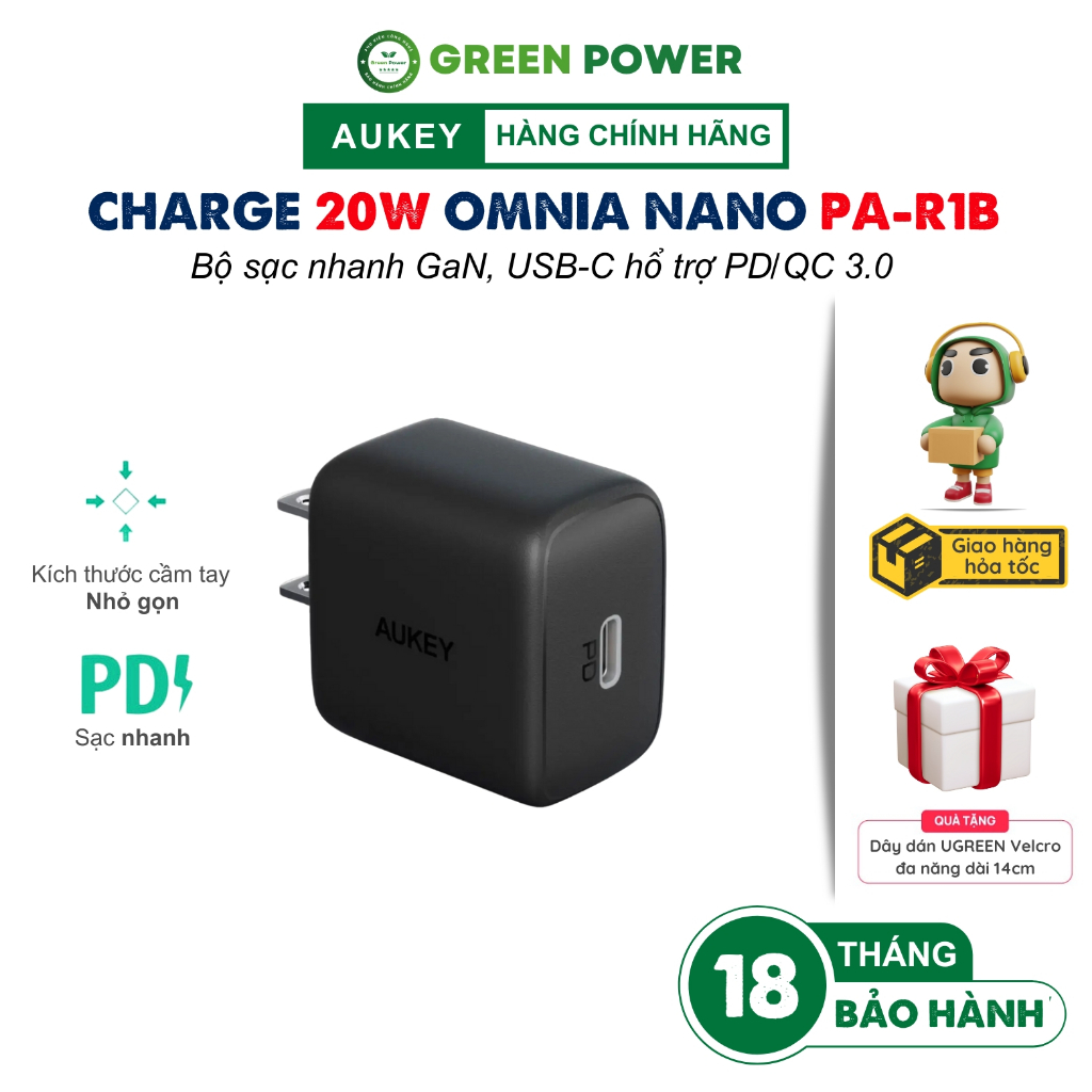 [Quà Tặng] Củ Sạc Nhanh AUKEY Omina Nano PA-R1B 20W 1 cổng USB-C (Type-C) công nghệ Power Delivery 3