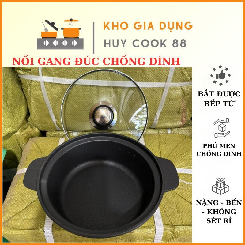 Nồi Gang Đúc Chống Dính (Nấu được Bếp Từ) Huycook88 Nấu mỳ cay - kho thịt cá - Decor món ... Sạch - Bền - Đẹp