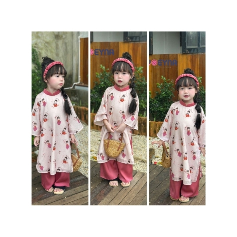 áo dài tết cho bé gái, set áo dài tơ lụa kèm tặng bờm cao cấp sịn sò Joeyna bé gái tơ đanh mềm form 